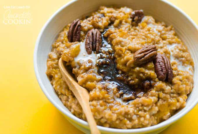 Butternut Squash Oatmeal in bowl with pecans