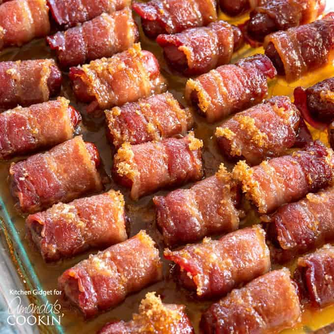 bacon wrapped smokies in a pan