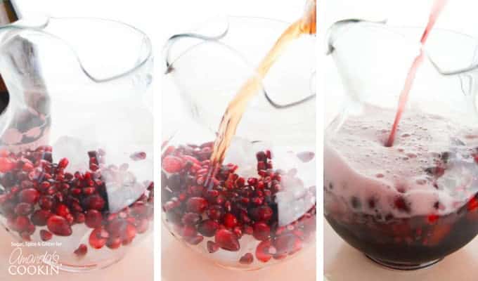 Pouring holiday punch into pitcher with cranberries