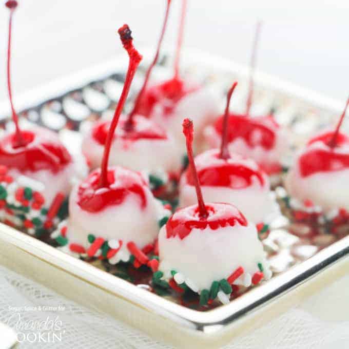 chocolate dipped cherries on silver plate