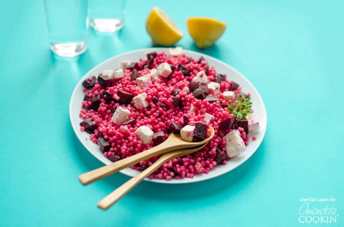 Pearl Couscous Salad with Feta and Beets on plate