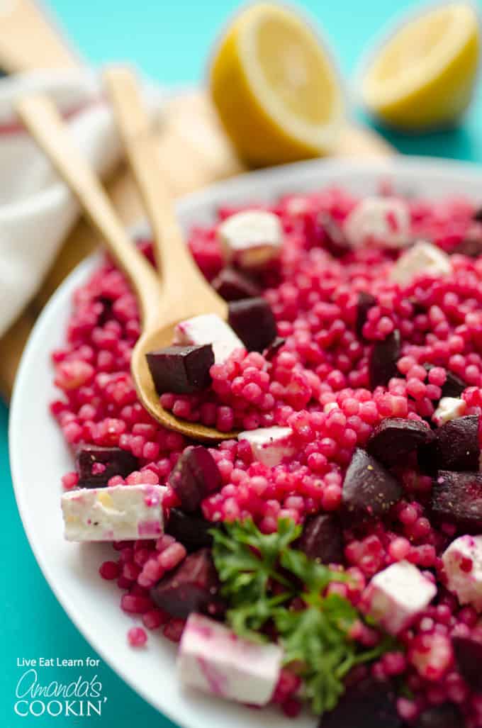 Pearl Couscous Salad with Feta and Beet in bowl