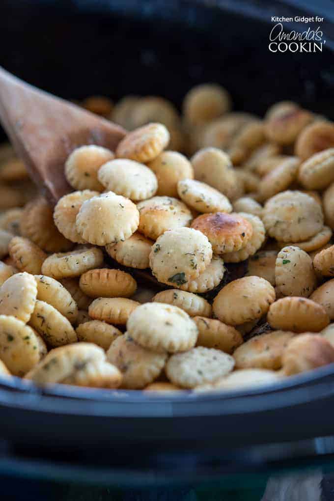 Ranch Seasoned Oyster Crackers in crockpot