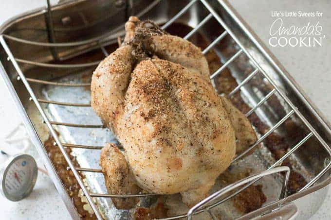 Whole Roasted Chicken on roasting pan