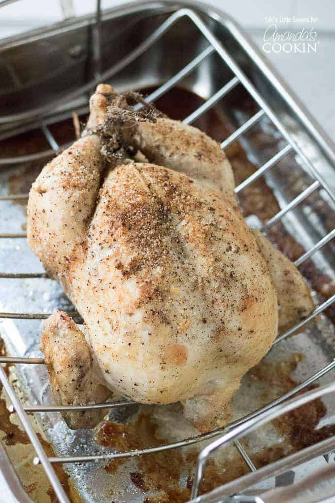 Whole roasted chicken on pan