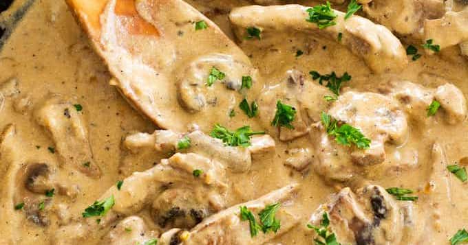 Beef Stroganoff: a hearty, comforting dish of beef and mushrooms in gravy