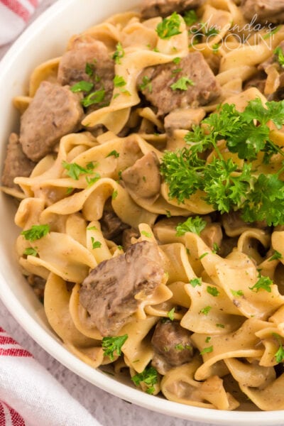 Beef Stroganoff: a hearty, comforting dish of beef and mushrooms in gravy