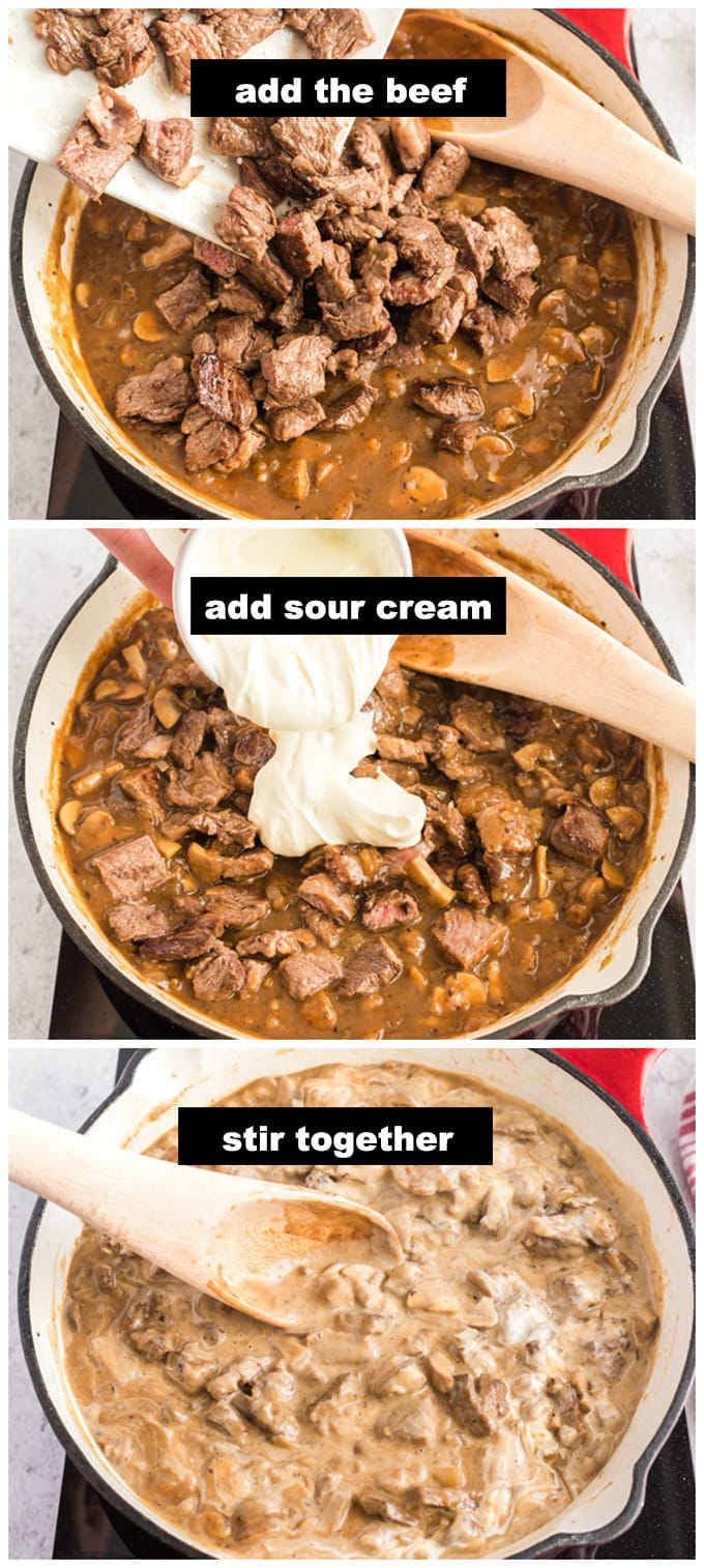 adding beef and sour cream to pan