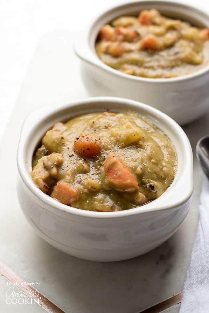 Split Pea Soup in bowl topped with pepper