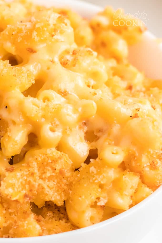 close up of creamy baked macaroni and cheese