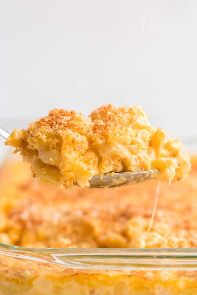 baked macaroni and cheese on a serving spoon