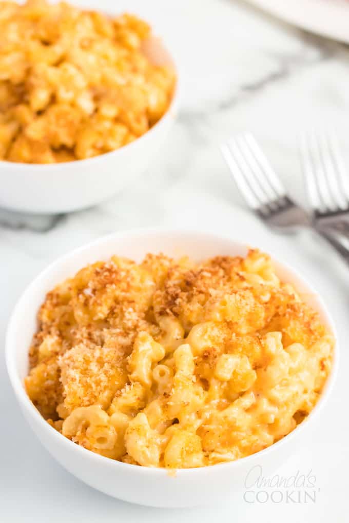 bowl of baked macaroni and cheese casserole
