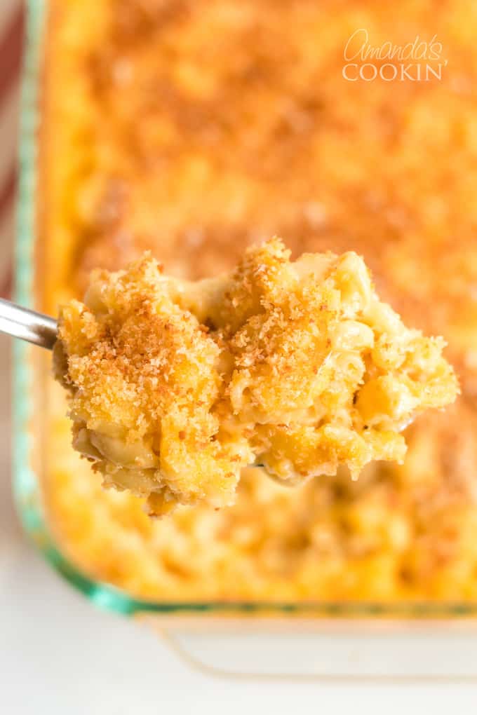 spoonful of old fashioned baked mac and cheese casserole