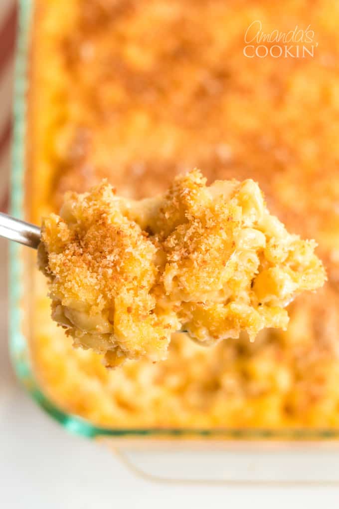 spoonful of old fashion baked mac and cheese casserole