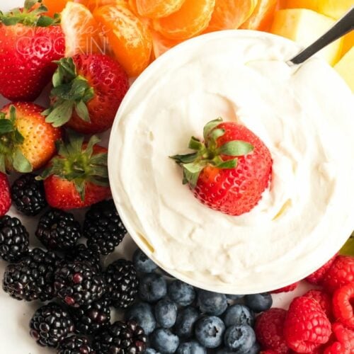 cream cheese fruit dip and fruit on a platter