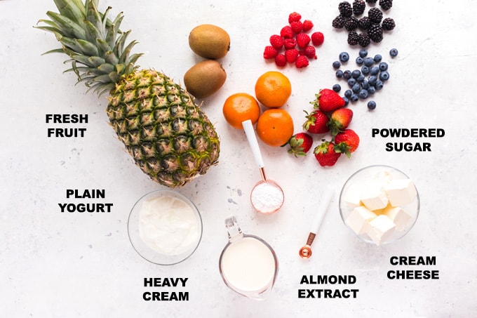 labeled ingredients for cream cheese fruit dip