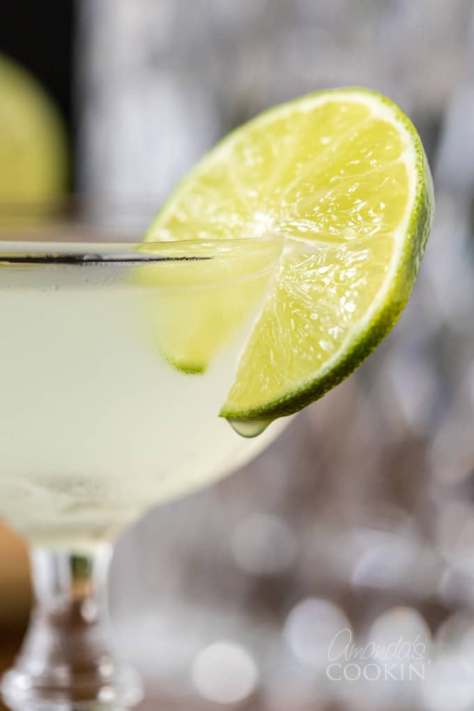 close up of gimlet cocktail in coupe glass with lime wheel garnish