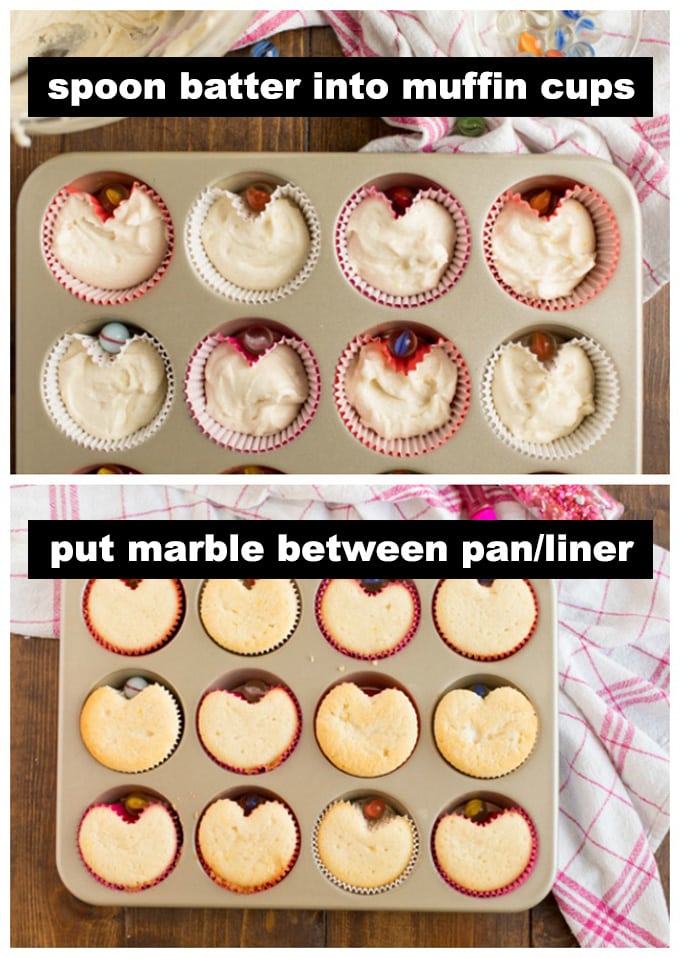 marbles in a cupcake pan with cupcake batter