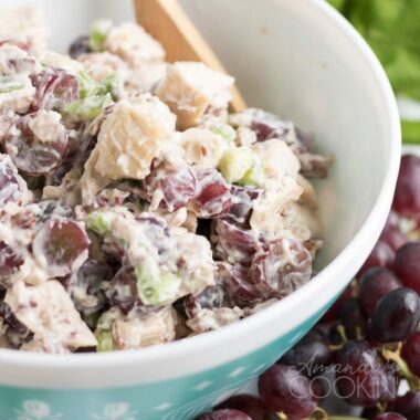 A close up of a bowl of chicken salad with grapes