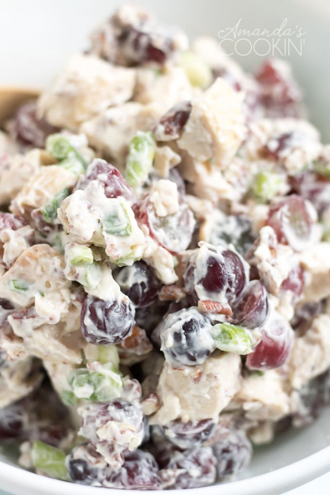 close up photo of chicken salad with grapes
