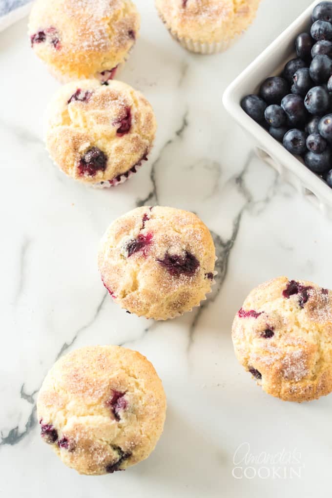 overhead view of blueberry muffins