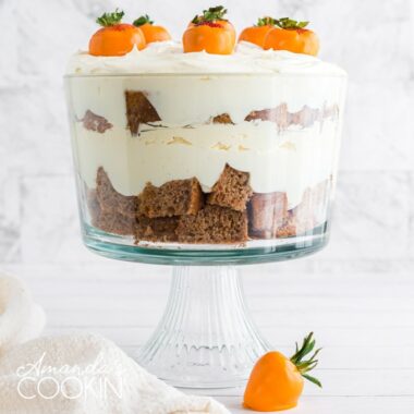 carrot cake trifle garnished with dipped strawberries
