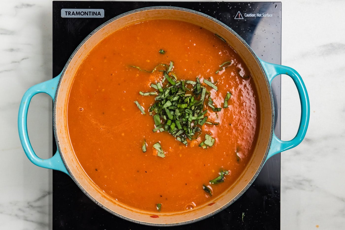 Homemade Tomato Soup with Fresh Tomatoes with fresh basil added