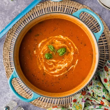 overhead photo of a dutch oven with Homemade Tomato Soup with Fresh Tomatoes