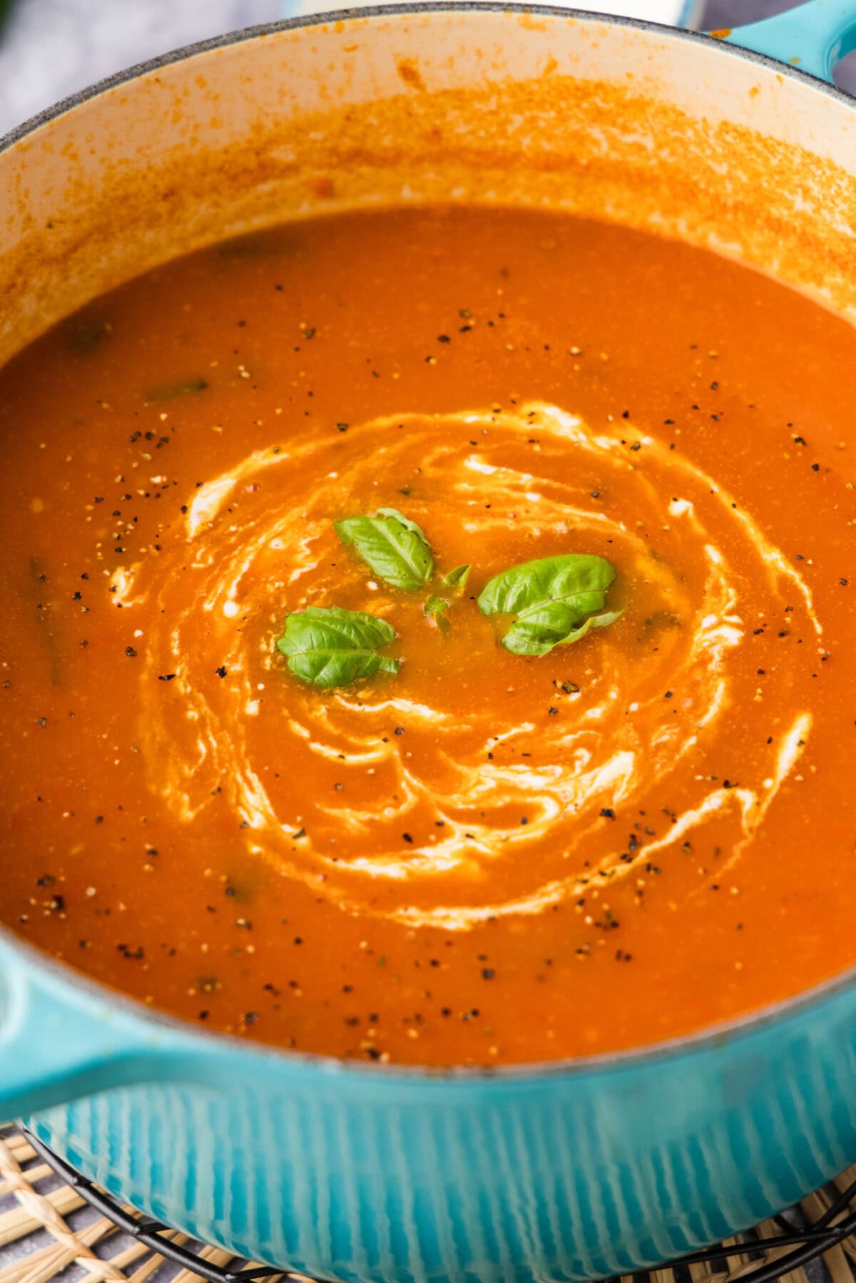 close up of dutch oven full of fresh tomato soup