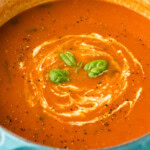 close up of dutch oven full of fresh tomato soup