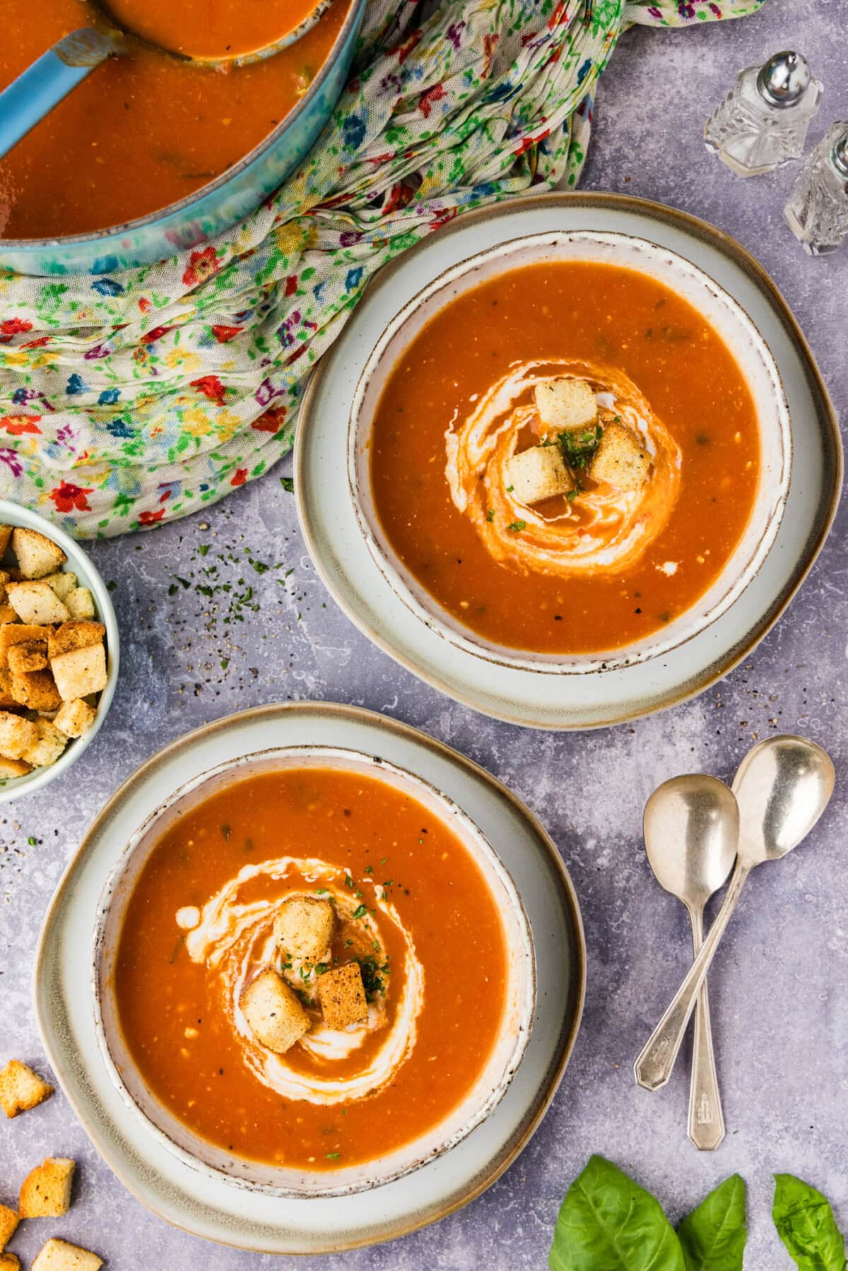 2 bowls of Homemade Garden Tomato Soup with Fresh Tomatoes