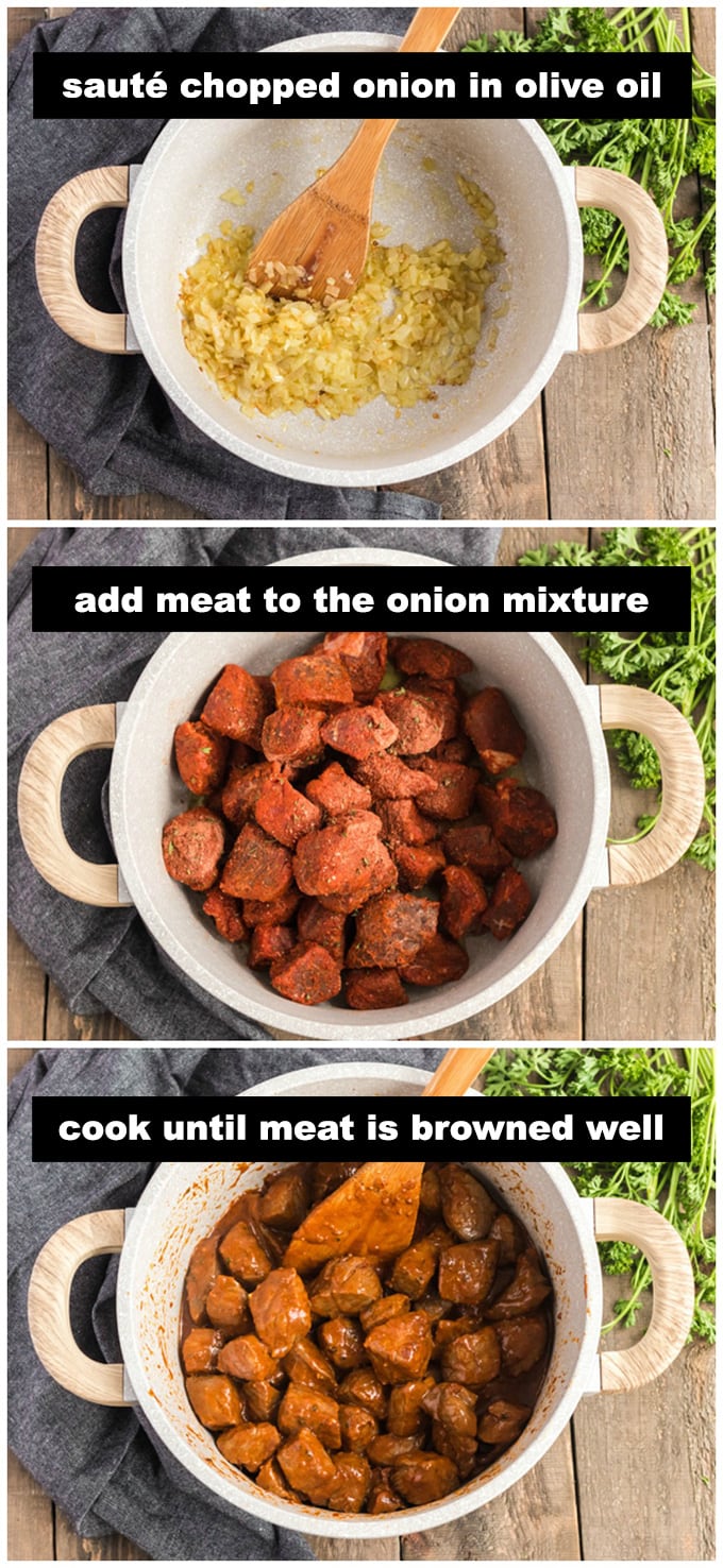 cooking onion and beef chunks in pan