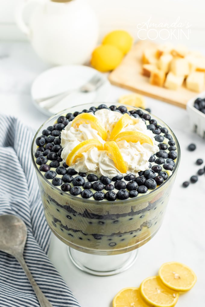 overhead view of a blueberry topped lemon trifle