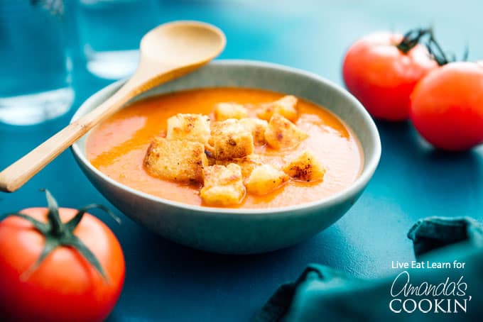bowl of tomato soup with croutons