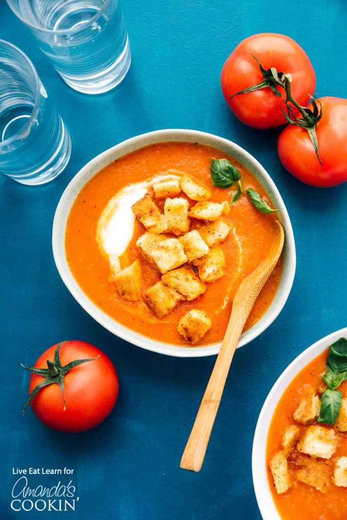 bowl of tomato soup with croutons