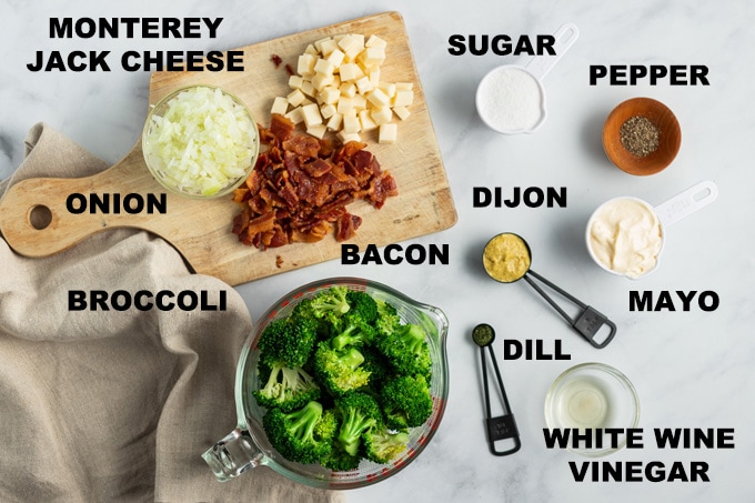 labeled ingredients for broccoli salad