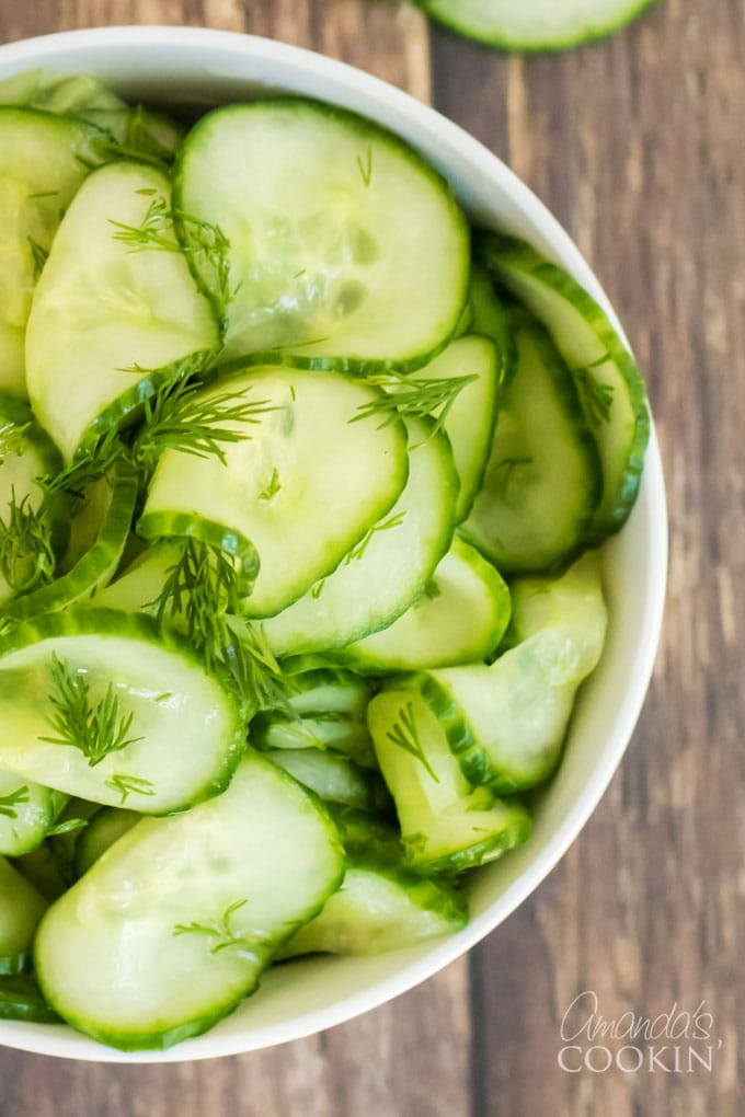 close up photo of cucumber salad in a bowl