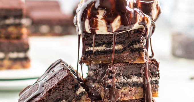 Slutty Brownies - layers of chocolate chip cookie, Oreos, and brownies