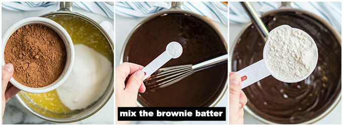 step photo collage of making brownie batter