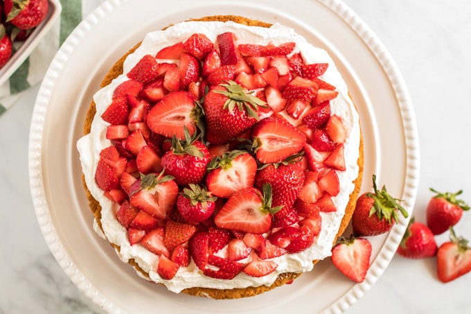 decorated strawberry shortcake overhead view