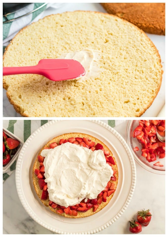 fig. 1 - spreading butter on cake layer; fig. 2 - cake layer with whipped cream and strawberries on top