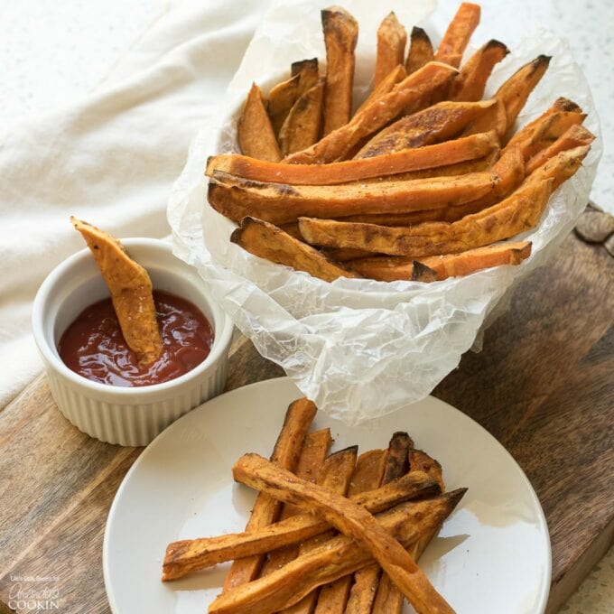 Sweet Potato Fries on a plate and side of ketchup