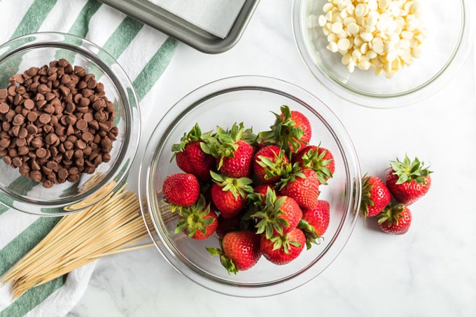 strawberries in a bowl with bowls of chocolate chips
