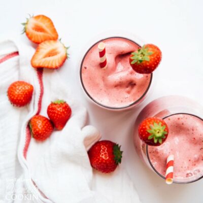overhead view of strawberry smoothie