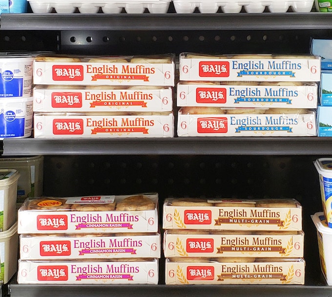 bays english muffins on display in the dairy case at grocery store