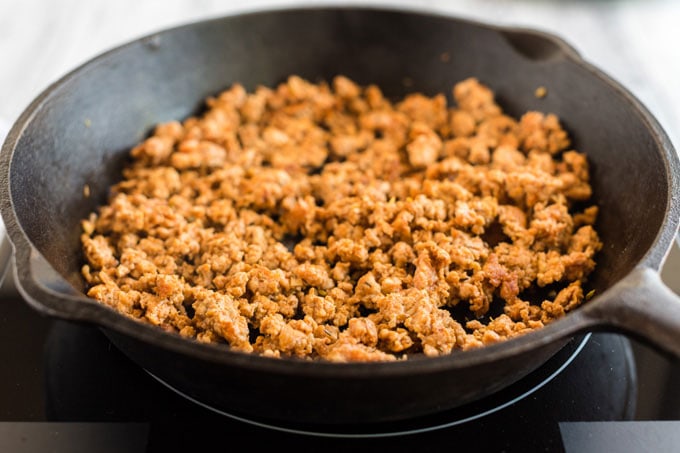 browned ground pizza sausage in a skillet