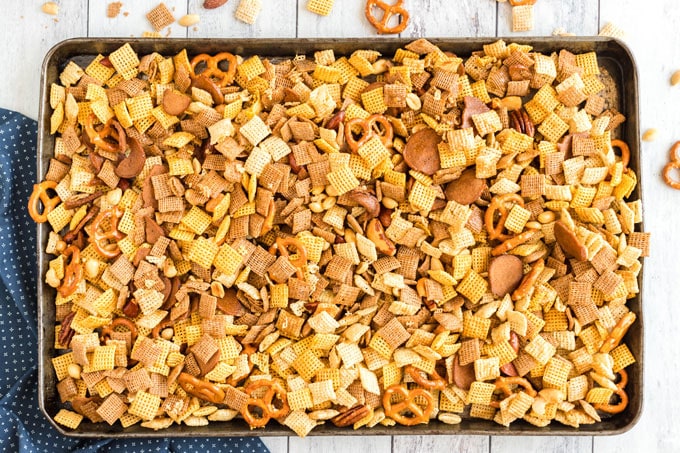 chex mix on a cookie sheet