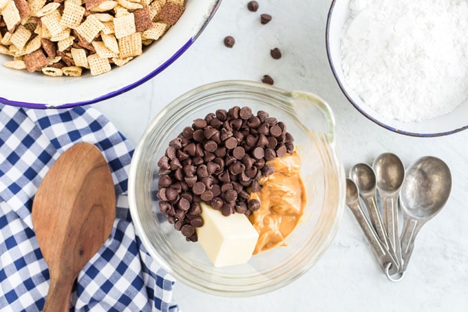 peanut butter, butter, and chocolate chips in a bowl