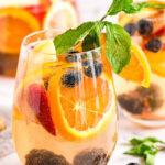 Close up photo of a glass of white moscato sangria