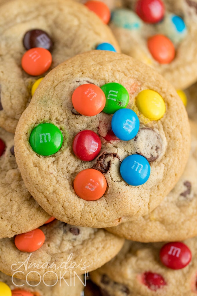close up of chocolate chip m&m cookie